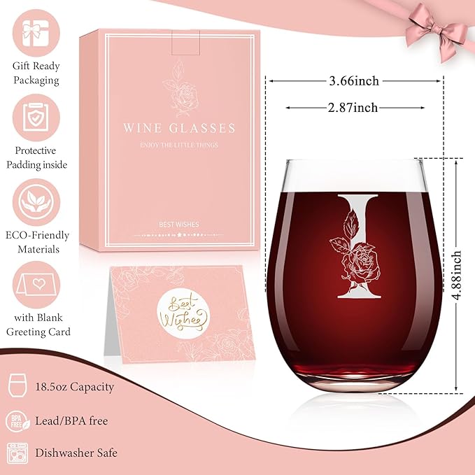 Valentines Day Gifts for Her, Gifts for Women Her Friend Mom Grandma Wife Sister Bridesmaid Nurse, Birthday Galentines Mothers Day Christmas, Personalized Initial Customized Wine Glasses 18OZ(I)
