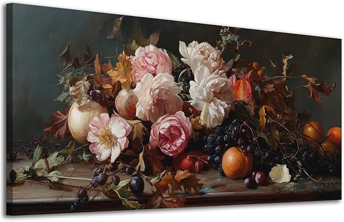 ADJUVANT Wall Art Vintage Floral And Fruit 40" L x 20" W, Peonies With Grapes And Citrus Canvas Painting Prints Graceful Botanic And Fruity Wall Decor for Living Room Bedroom Dining Room Home Office