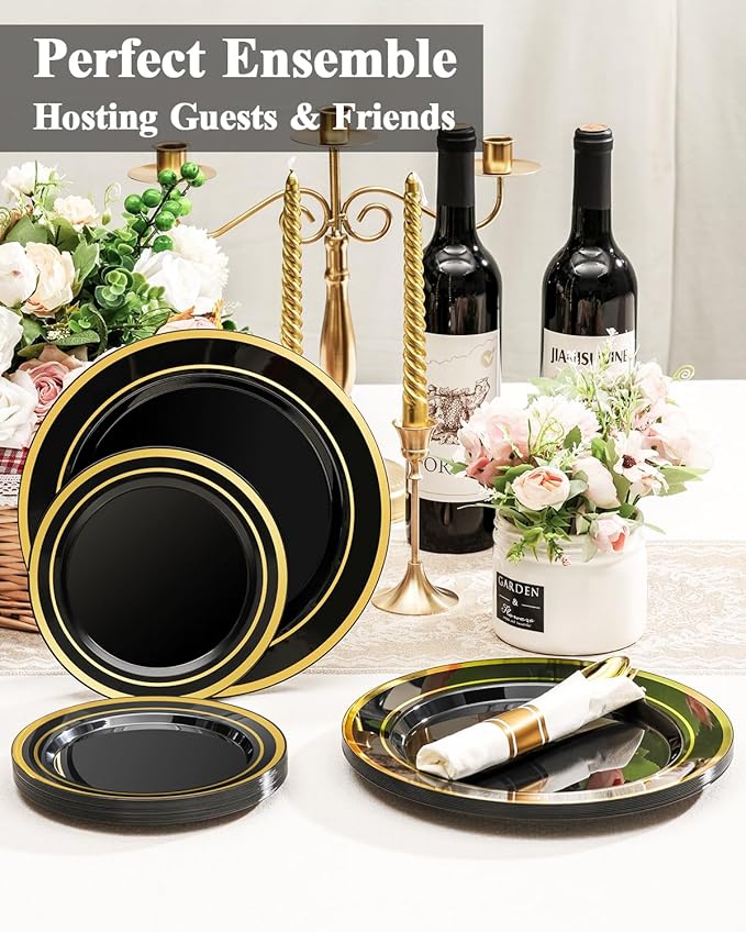 BESTSTAR 200PCS Black Plastic Plates Set with Gold Rim, 100 10.25 inch Dinner Plates and 100 7.5 inch Dessert Plates, Premium Disposable Plates forfor Party, Wedding, Holiday,And Halloween