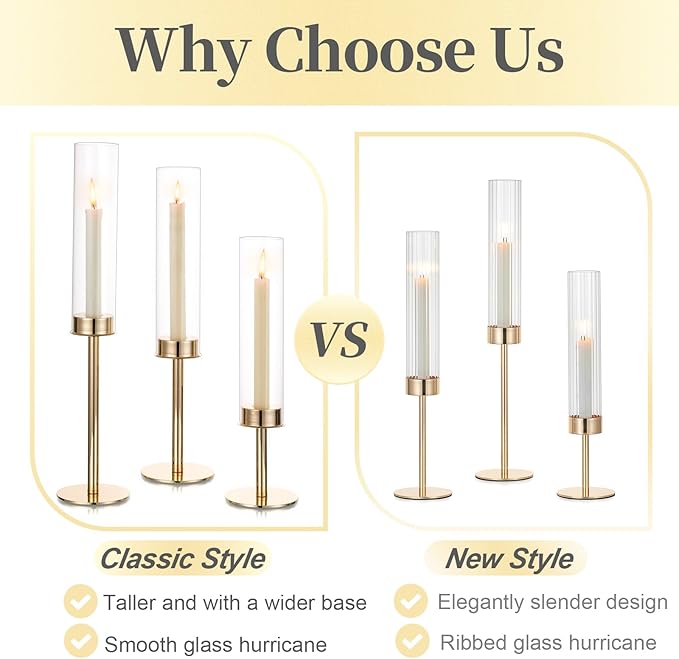 Hewory Gold Candle Holders Hurricane Candlestick Holders, 6Pcs Candle Stick Candle Holder Candelabra, Taper Candle Holders with Glass Candle Cover for Wedding Table Centerpiece Christmas Decor
