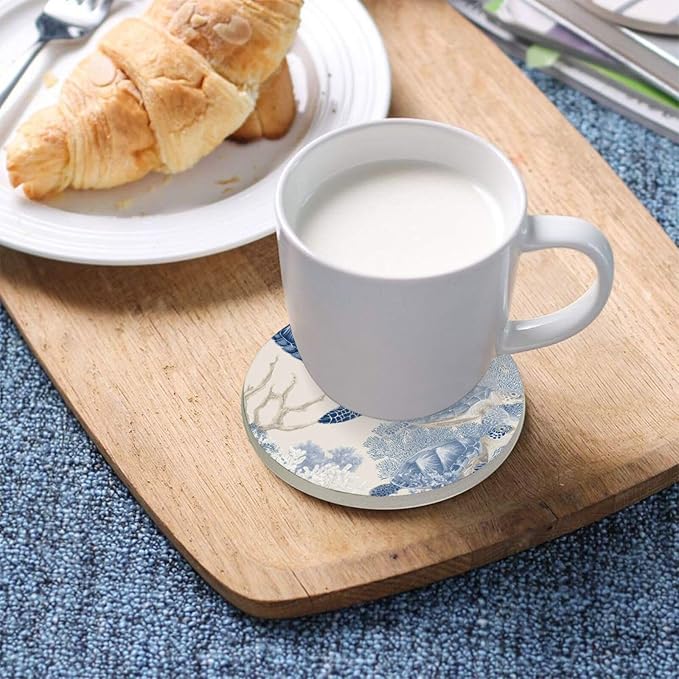 Coasters for Drinks Coaster Drink Set Decorative Coffee Table Desk Cup Mat Spring Cute Cork Bar Backing Round Home Decor Beige and Blue Sea Turtles Corals35