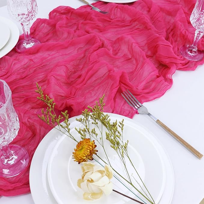 FUHSY Cheesecloth Pink Table Runner 10FT Rustic Cheese Cloth Table Runner Boho Gauze Tables Runners Long Hot Pink Runners for Tables Sheer Cheesecloths for Party Wedding Bridal Shower Decoration