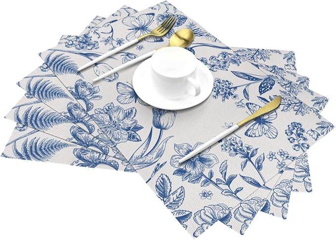 Vintage Flower Butterfly Placemats Set of 4 Washable Table Place Mats for Dining Kitchen Party Decor
