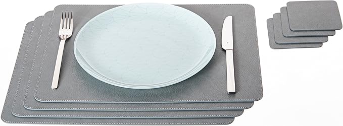Nikalaz Set of 4 Placemats and 4 Coasters Made of Recycled Leather (18''x13'', Dirty Grey)