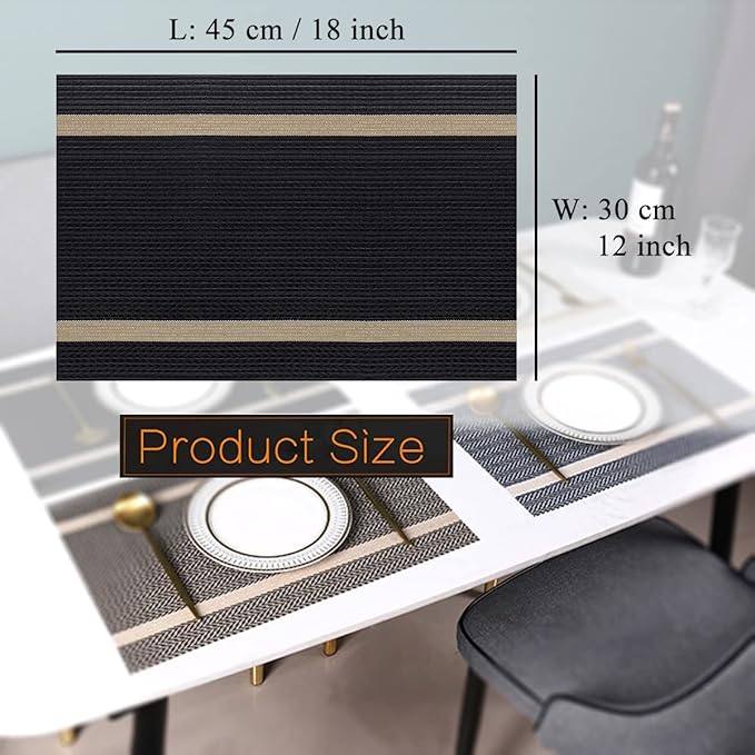 Placemats Set of 6 Durable Placemats Washable Kitchen Plastic Luxurious Table Mats for Home/Dining Room Decoration (Black)
