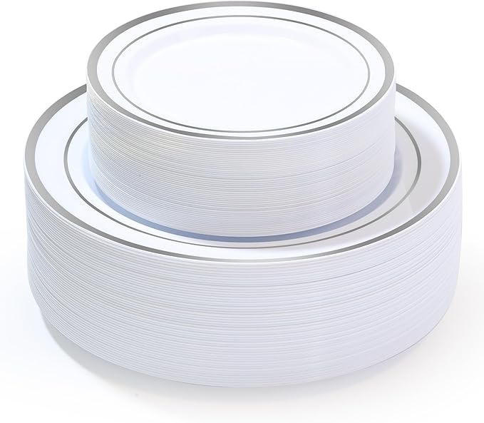 100 PCS Silver Plastic Plates, Silver Plastic Disposable Plates Include 50 Dinner Plate and 50 Dessert Plate Perfect for Holiday, Birthday, Wedding & Party