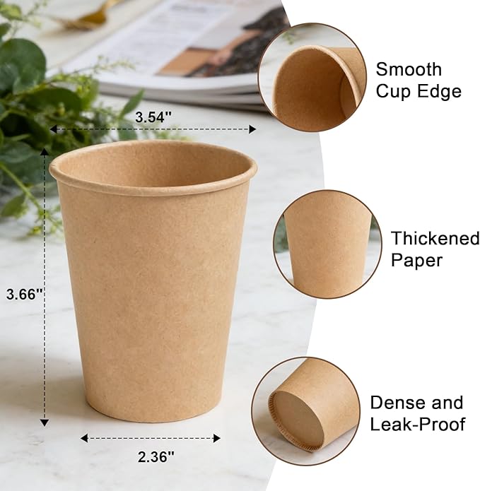 200 Pack 10 oz Kraft Paper Cups, Disposable Paper Coffee Cups, Brown Unbleached Drinking Cups for Hot/Cold Beverage, Home, Party, Cafes, Office, Bistros, Businesses