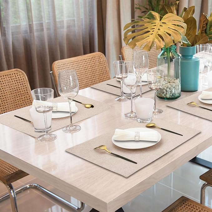 Cloth Placemats Set of 6, Cotton Linen Blend Machine Washable Double Layered Durable Place Mats Heat Resistant Placemats Wrinkle Free Thick Fabric Dining Table Mats (Light Linen, 6)