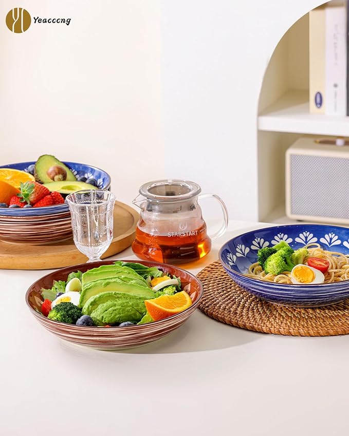 Yeacccng Pasta Bowls Set of 6, 35 Oz Ceramic Large Salad Bowl, 8.5 Inch Colorful Serving Bowls for Kitchen, Dishwasher & Microwave Safe, Scratch-Resistant, Lead-Free (Brown*3 + Blue*3)