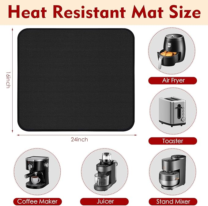 Heat Resistant Mats for Countertop,16x24 in Silicone Heat Resistant Mat for Air Fryer, Fireproof Pad for Coffee Maker,Toaster, Oven, Kitchen Countertop Protector Compatible with Ninja,COSORI, 1PCS