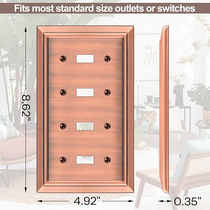 Metal Wall Plate for Electrical Outlets, Decorative Antique Copper Switch Plates Outlet Cover, Light Switch Cover Plate, 4-Gang Wall Plates (Quad Toggle, 1 Pack)