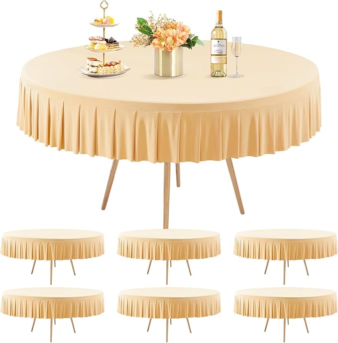 6 Pack Champagne Spandex Round Tablecloths for 60 inch Tables, Stretchy Fitted 5FT Round Table Cloth with Skirt for Wedding Party Dining Banquet