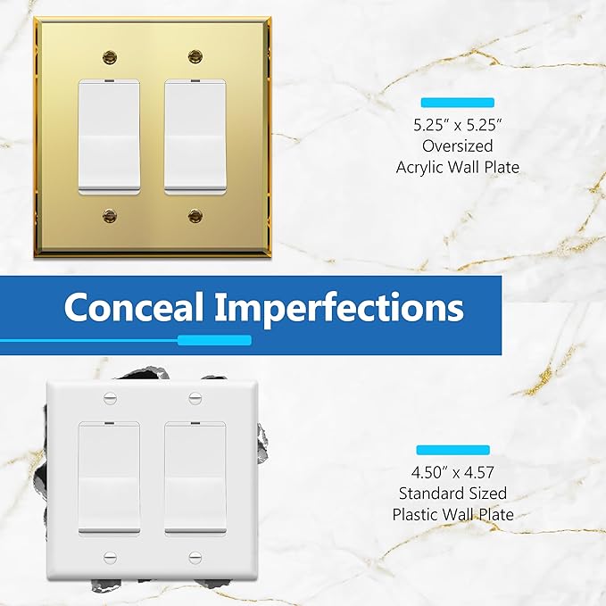 LIDER Reflective Acrylic Decorator Wall Plate, Mirrored Light Switch Plate, Plexiglass Outlet Cover, Acrylic Glass, Oversized 2-Gang 5.25" x 5.25", LWP-32O-AGD, Gold