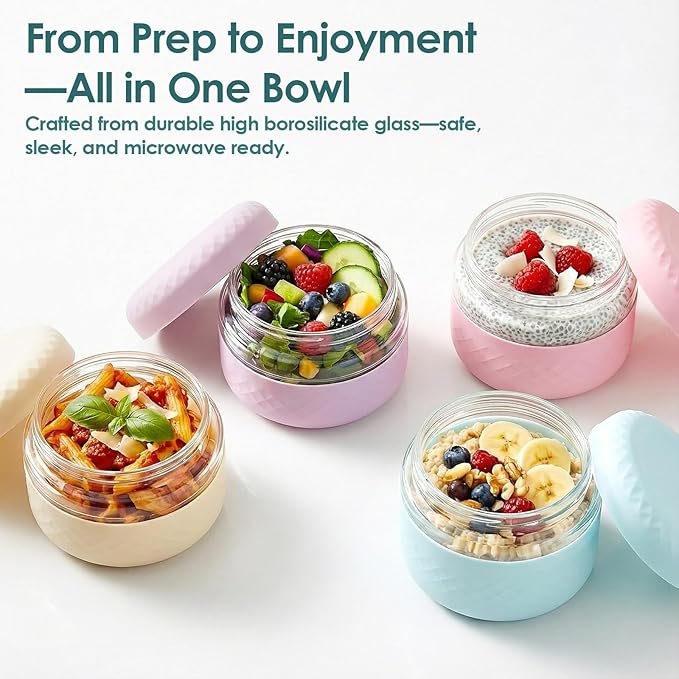 16 oz Glass Lunch Bowl Container with Lid | Leak & Spill Proof, BPA-Free, Microwave & Dishwasher Safe, Airtight Meal Prep & Food Storage Jar for Lunch, Salad, Soup, Overnight Oats, Stew, Yogurt