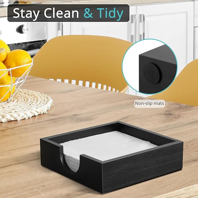 Napkin Holder for Table, Wooden Napkins Holders For Paper Napkins, Flat Napkin Holder for Luncheon, Napkin Holders for Kitchen Dinner Table Decor, Napkin Dispenser for Indoor & Outdoor Use, Black