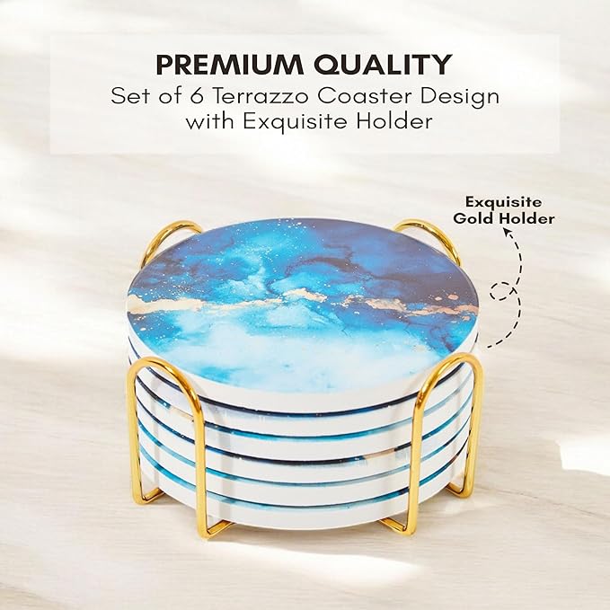 Ceramic Absorbent Coasters Set of 6 with Holder, Drink Coasters for Coffee Table, Kitchen & Home Decor, Cute Round Ceramic Coasters, Alternative to Silicone, Cork or Glass (Sapphire)