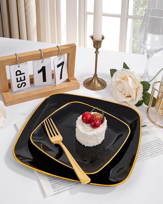 bUCLA 50PCS Black and Gold Plastic Plates - Square Black Gold Plastic Disposable - Include 25 Dinner & 25 Dessert Plates, Ideal for Party & New Year