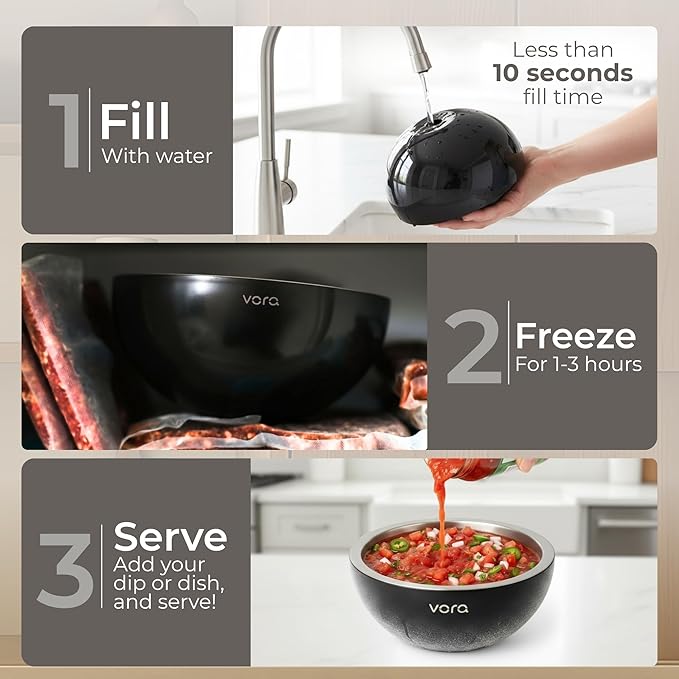 Vora 18oz Dip Chiller Bowl | Black Stainless Steel Chilled Dip Bowl for Dips, Guacamole, Hummus, Salsa | Insulated Serving Dishes with Easiest Water Fill & Refillable Chamber
