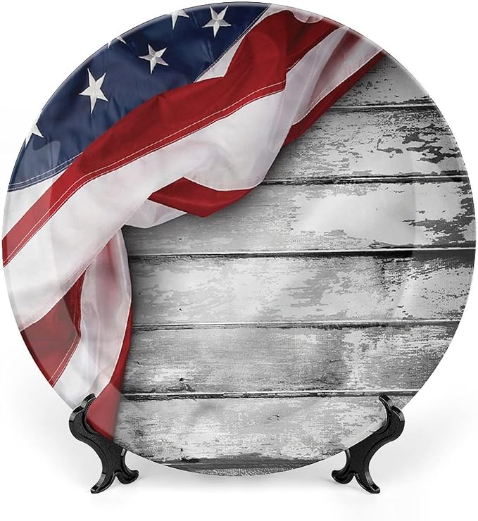 Ceramic Plates, American Flag Decorative Ceramic Plates, Flag on Wood Planks, 10 Inch, Household Plates Decorative, Multicolor