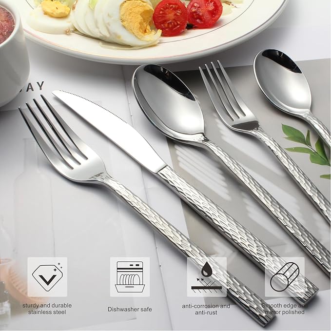 Hammered Silverware Set for 4, 20-Piece Stainless Steel Flatware Cutlery Set, Includes Dinner Knives,Dinner Forks, Tea Spoons, Dinner Spoons, Salad forks, Mirror Polished - Dishwasher Safe