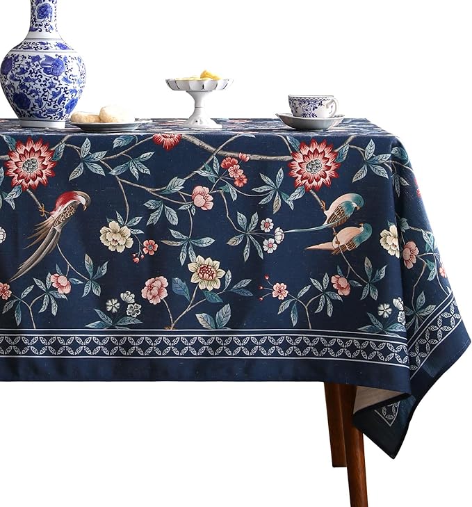 patdrea Designer Vintage Dark Blue Linen Rectangular Tablecloth,Navy French Floral and Birds Pattern Table Cloth,Decoration Table Cover for Kitchen,Dining,Tea Party,Home,Christmas,55"*79"