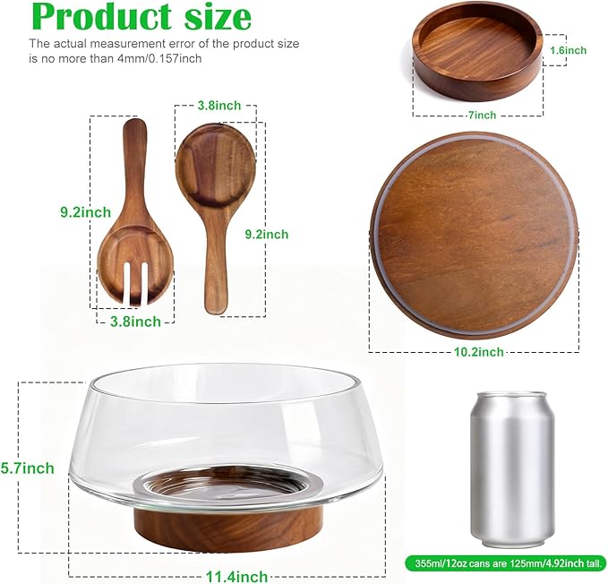 Extra Large Glass Salad Bowl with Lid Set, 5-Qt (160 fl oz) Mixing/Serving Bowl with Wood Base & Salad Servers, Trifle Bowl for Kitchen, Parties & Christmas