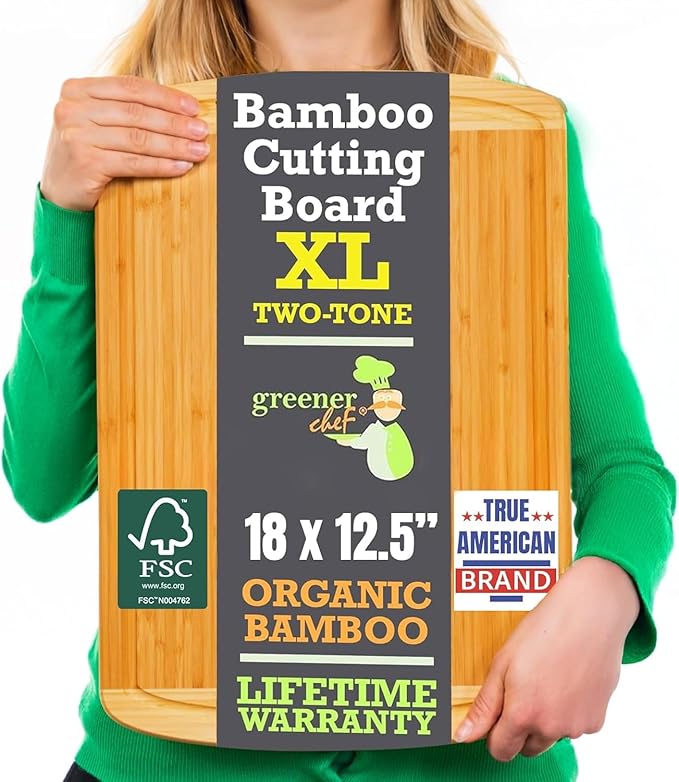 Organic 18 Inch Extra Large Bamboo Cutting Board with Lifetime Replacements - Non Toxic Wood Chopping Board with Juice Groove for Kitchen, Meat, Vegetables, and Food Prep by Greener Chef