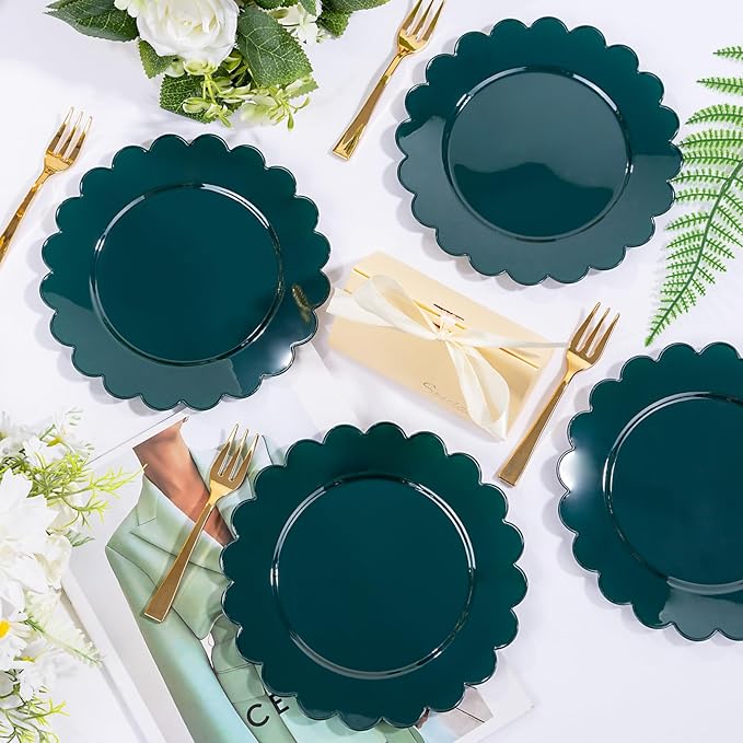 LIYH 200 Pcs Dark Green Dessert Plates - Disposable Cake Plates with Gold Forks, Gold Dessert Forks 5", Plastic Cake Plate 7.5" for Holiday Party