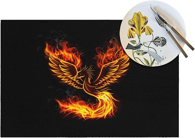 Fire Phoenix Placemats Set of 4, Black Gold Table Mats Heat Resistant Washable Placemat for Kitchen Dining Table Black Linen Placemats 12x18 Inch