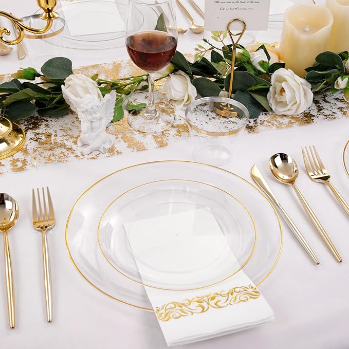 MirthMood 350Pcs Clear and Gold plates,Christmas plates, Plastic Plates for Party Include 50 Dinner,50Dessert Plate,50 Cup&50 Napkins, 150 Gold Silverware for Wedding & Party & Christmas