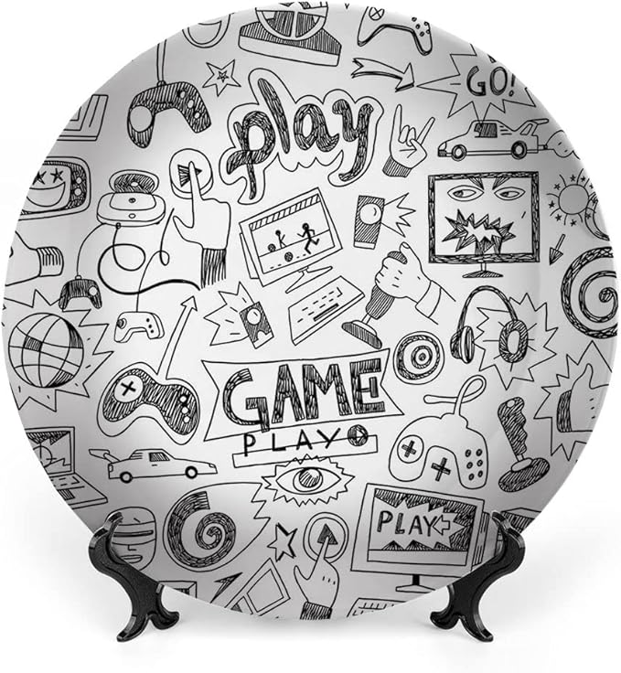 Ceramic Display Plate, Video Games Ceramic Hanging Decorative Plate, Monochrome Sketch Style Gaming Design Racing, 8 Inch, Living Room Kitchen Decoration Household, White Black