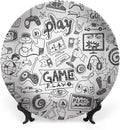 Decorative Plates, Video Games Print Ornament, Monochrome Sketch Style Gaming Design Racing, 10 Inch, Kitchen Wall Decor, White Black