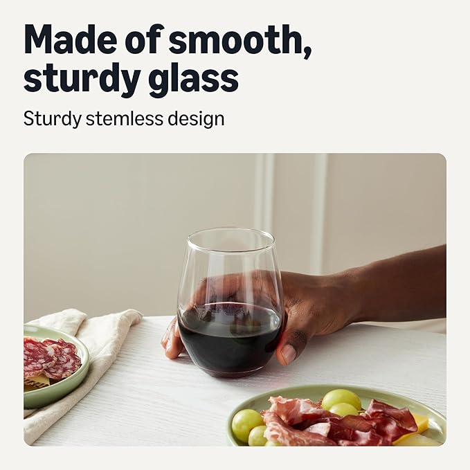 Amazon Basics Stemless Red Wine Glasses, 4-Piece Set, 18 oz., Dishwasher-Safe