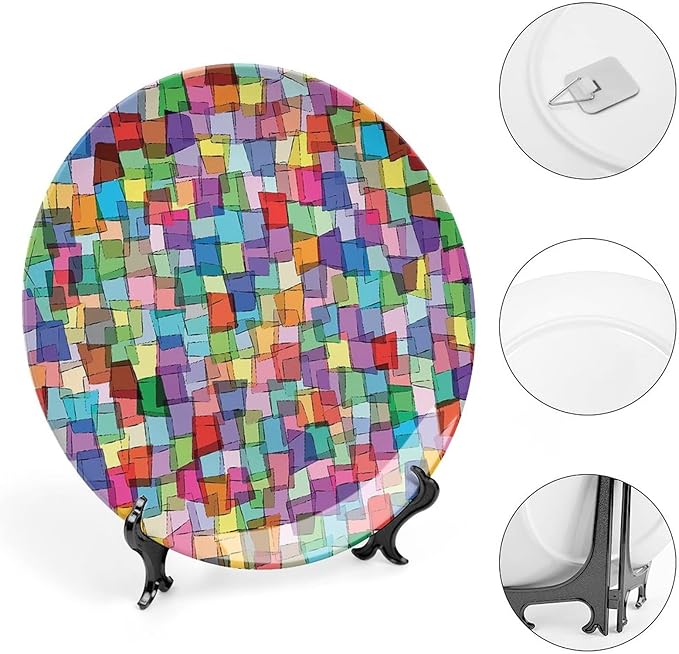 Decorative Plates, Abstract Print Ornament, Mosaic Tile Pattern Colorful Squares Cubes, 7 Inch, 1 Plate with 1 Display Stand, Multicolor