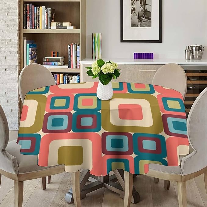Abstract Geometric Round Tablecloth, Mid Century Modern Middle Century Abstract Patterns Print Tablecloth for Home Party Dining Room Kitchen Decor 36Inch(90cm)
