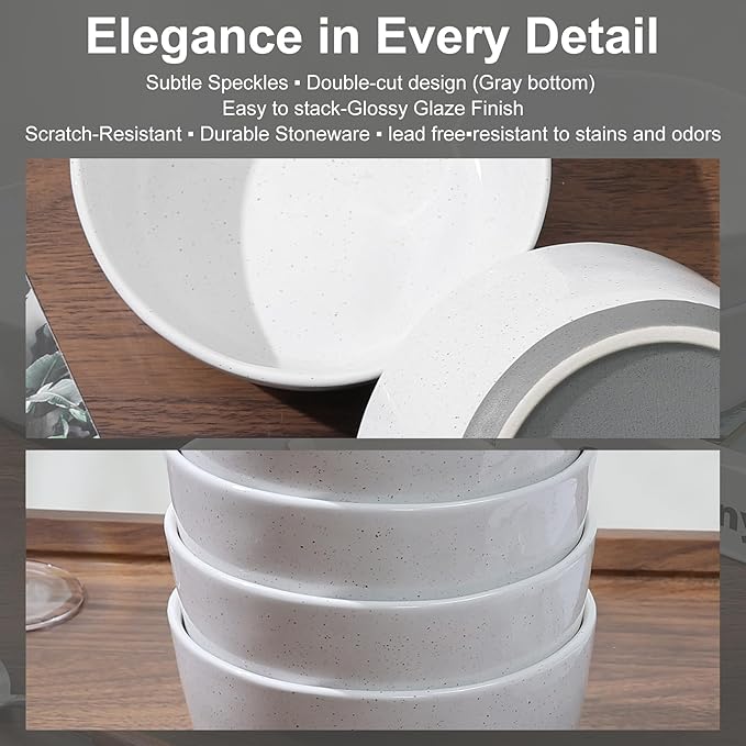 Ceramic Bowls,26 oz Porcelain Cereal Bowls,Stoneware Dinner Dish Set of 4 for Soup, Cereal, Oatmeal, Fruit, Rice - Dishwasher & Microwave Safe,White(Grey Bottom)