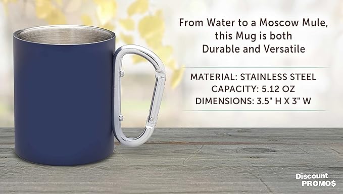 DISCOUNT PROMOS Stainless Steel Mugs with Carabiner Handle 10 oz. Set of 10, Bulk Pack - Perfect for Coffee, Soda, Other Hot & Cold Beverages - Navy Blue