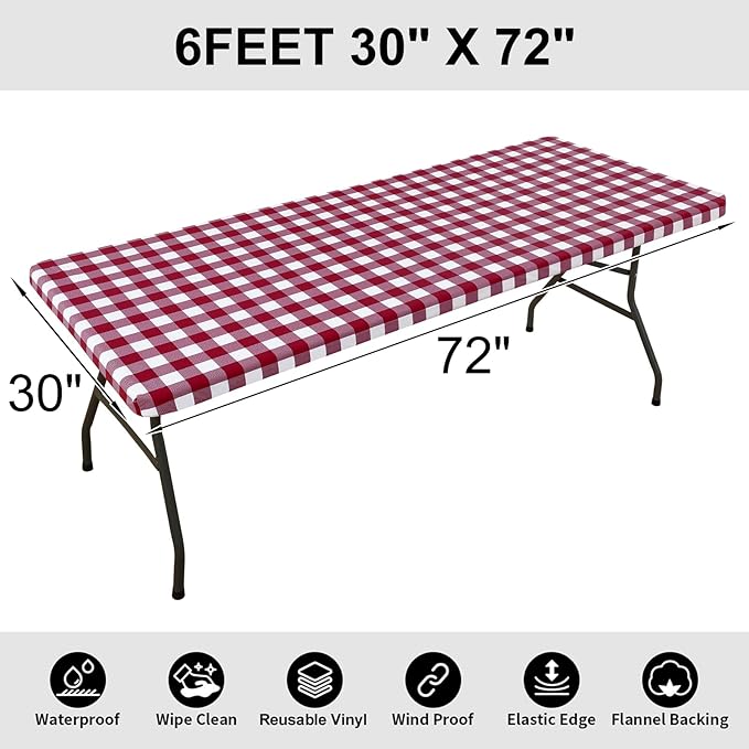 Smiry Rectangle Picnic Table Cloth, Elastic Waterproof Fitted Vinyl Tablecloths, Flannel Backed Buffalo Plaid Table Covers for Dining, Camping, Outdoor (Burgundy and White, 30" x 72")