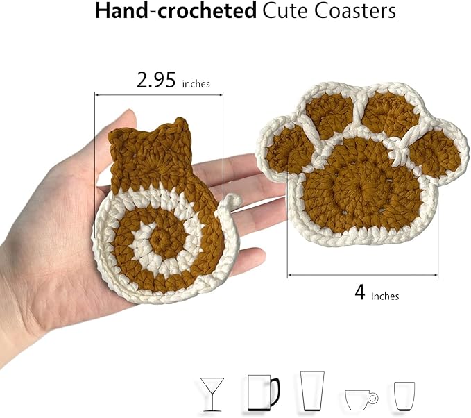 UMIRRO Handwoven Drink Coasters for Coffee Table, Cute Themed Gifts for Cat Lovers, Home Kitchen Decor for Room - Cat Butt & Paw Print, Set of 2