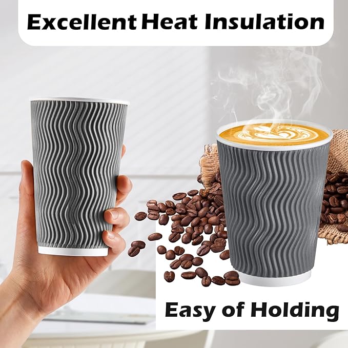 Lamosi 12 oz Insulated Coffee Cups Disposable - 50 Count Grey Paper Coffee Cups No Lids 12oz, Corrugated Ripple Wall Design for Hot Cold Drinks