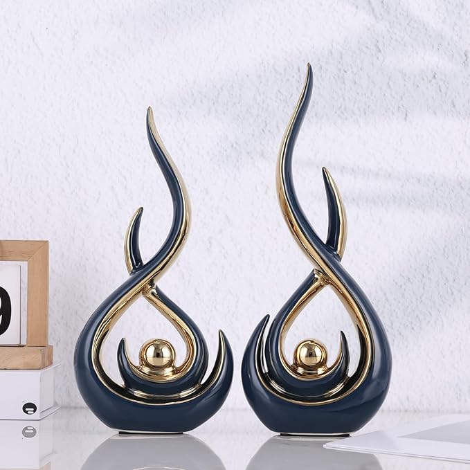 Ceramic Abstract 2 Piece Statue Set, Blue and Gold Home Decor Accents for Home Decor Statue Mantel Shelf Decor Unique Shelf Decor on Mantel, TV Cabinet Divider Table Top and Dining Table Centerpiece.