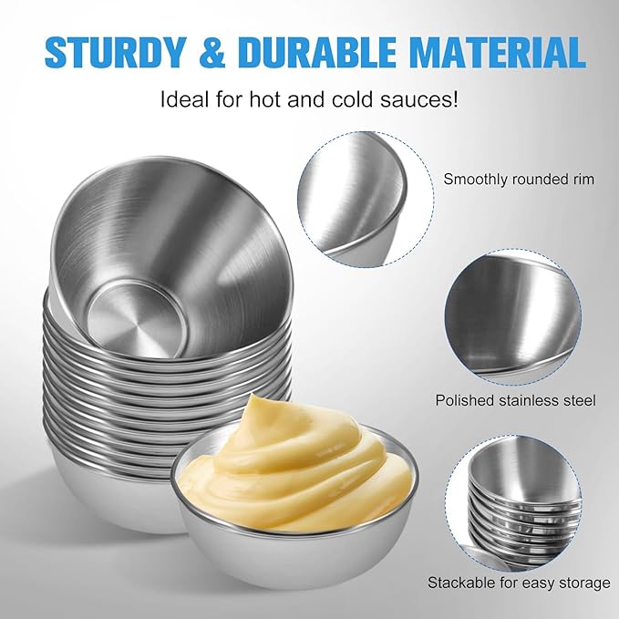 10 Pack 3.2 inch Stainless Steel Sauce Dishes 3.5 oz Mini Individual Saucers Bowl Round Seasoning Dishes Bowl Serving Appetizer Plates for Kitchen Prep Side Dish Soy Sauce Sushi Dip(10)