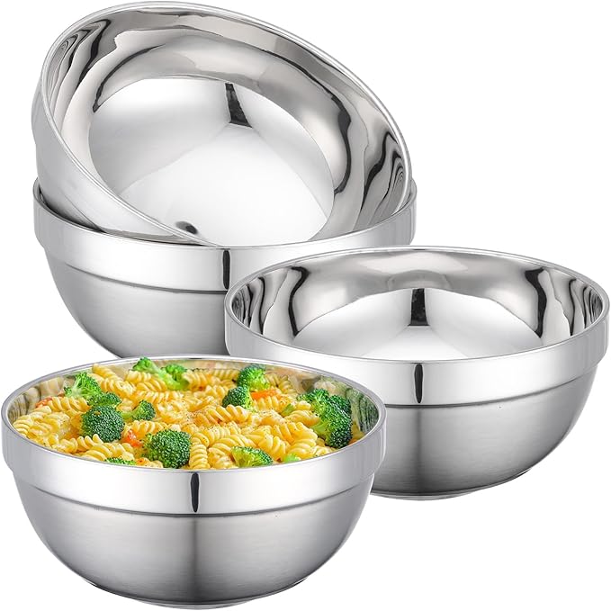 Stainless Steel Bowls, 4 Pack 7in 52.4oz 1550ml Large SUS304 Double Wall Insulated Stackable Metal Hot Soup Bowl Containers for Dishes Serving Cereal Snacks Ice Cream Food Rice Salad