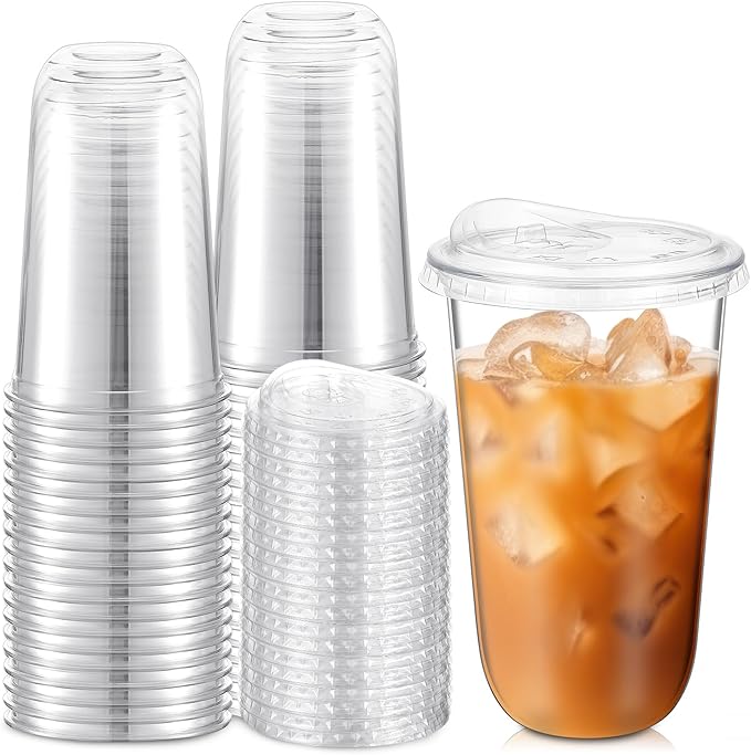50 Sets Clear Plastic Cups with Strawless Sip Lids, Thickened Clear Disposable Plastic PET Crystal Cups for Iced Coffee, Smoothie, Cold Beverage, Drink Shops and Party Catering (18 oz)