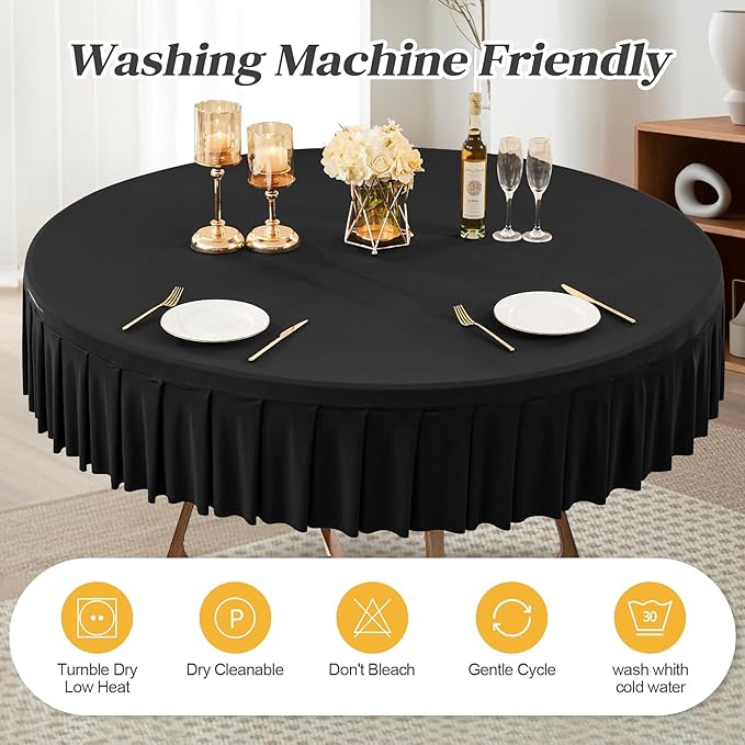 6 Pack Black Spandex Round Tablecloths for 60 inch Table, Stretchy Fitted 5FT Round Table Cloth with Wrinkle Free Skirt for Wedding Party Dining Banquet