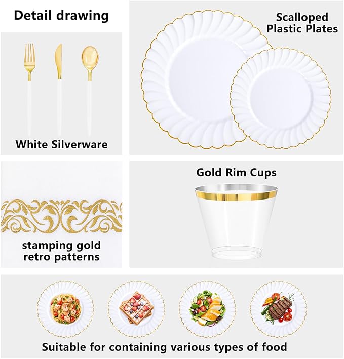 Ciaell 175 PCS White Scalloped Plastic Plates with Gold Trim - Gold Plastic Silverware with Handle - Fancy High-End Dinnerware Sets for Wedding & Party(25 Guests)