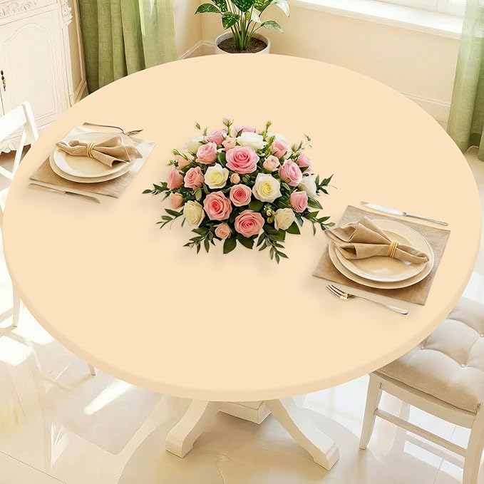 Round Spandex Tablecloth, Elastic Fitted Waterproof Tablecloths for 42"-50" Tables, Stretch Washable Picnic Table Cover for Camping, Dining, Indoor and Outdoor,Ivory