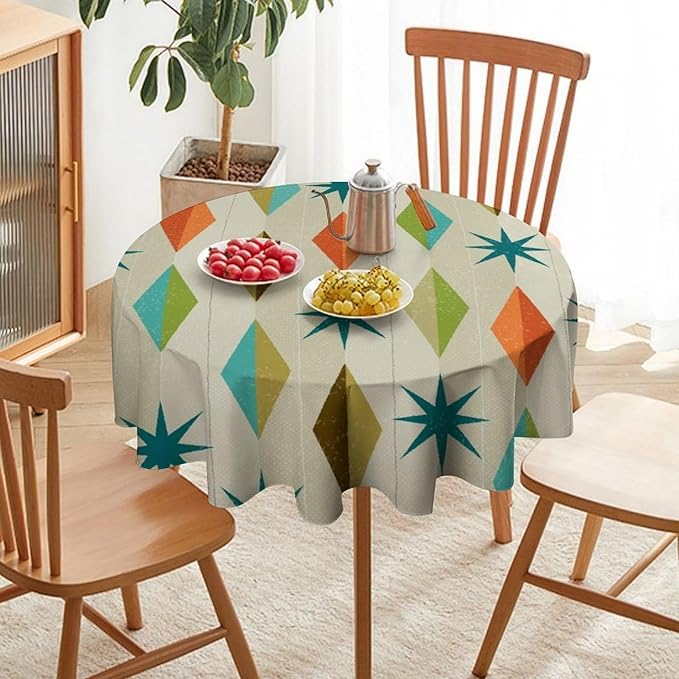 Mid Century Round Tablecloth, Modern Colorful Abstract Geometric Retro Art Printed Tablecloth for Home Party Dining Room Kitchen Decor 50Inch(127cm)