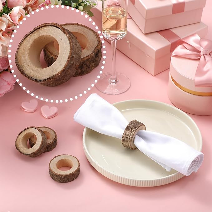 Set of 24 Wooden Bark Napkin Ring Handcrafted Wooden Napkin Holder Rustic Napkin Rings Buckles Party Gift Farmhouse Table Decoration for Dining Wedding Birthday, Everyday