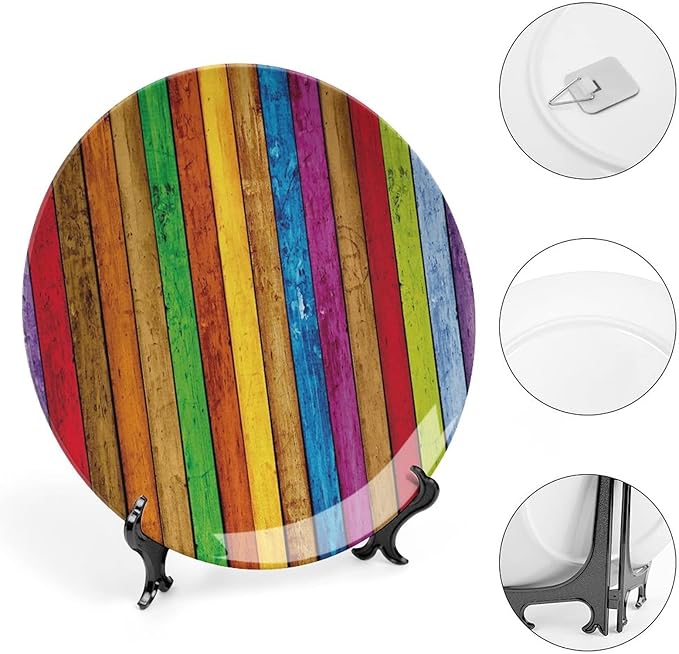 Ceramic Display Plate, Abstract Ceramic Hanging Decorative Plate, Vibrant Wooden Artistic Cheerful Art Rainbow Image, 6 Inch, Household Custom Ceramic Plate, Multicolor